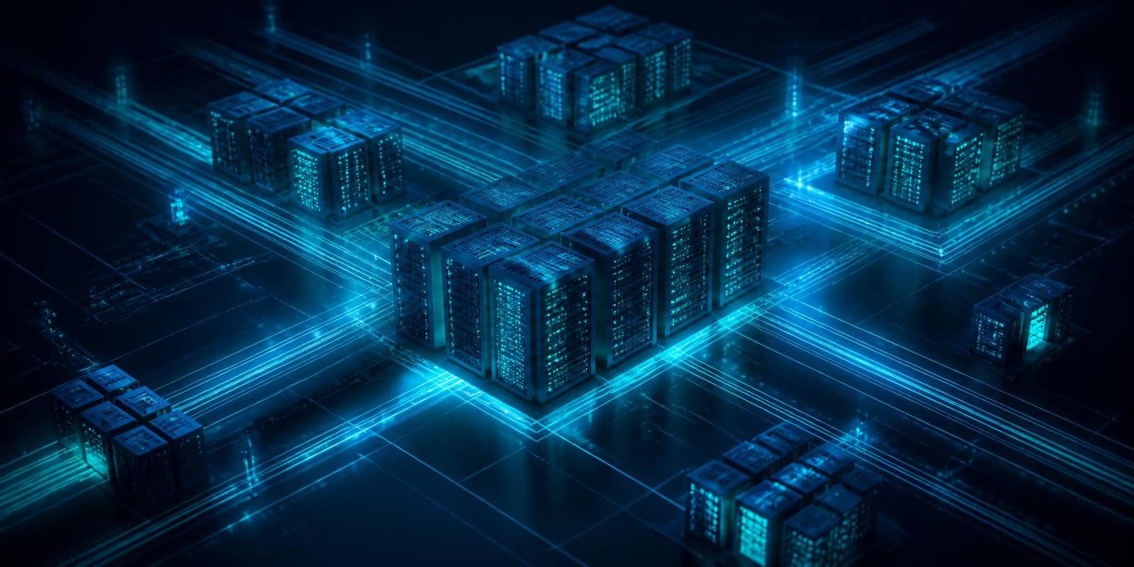 Illuminated server racks connected by high-speed network paths